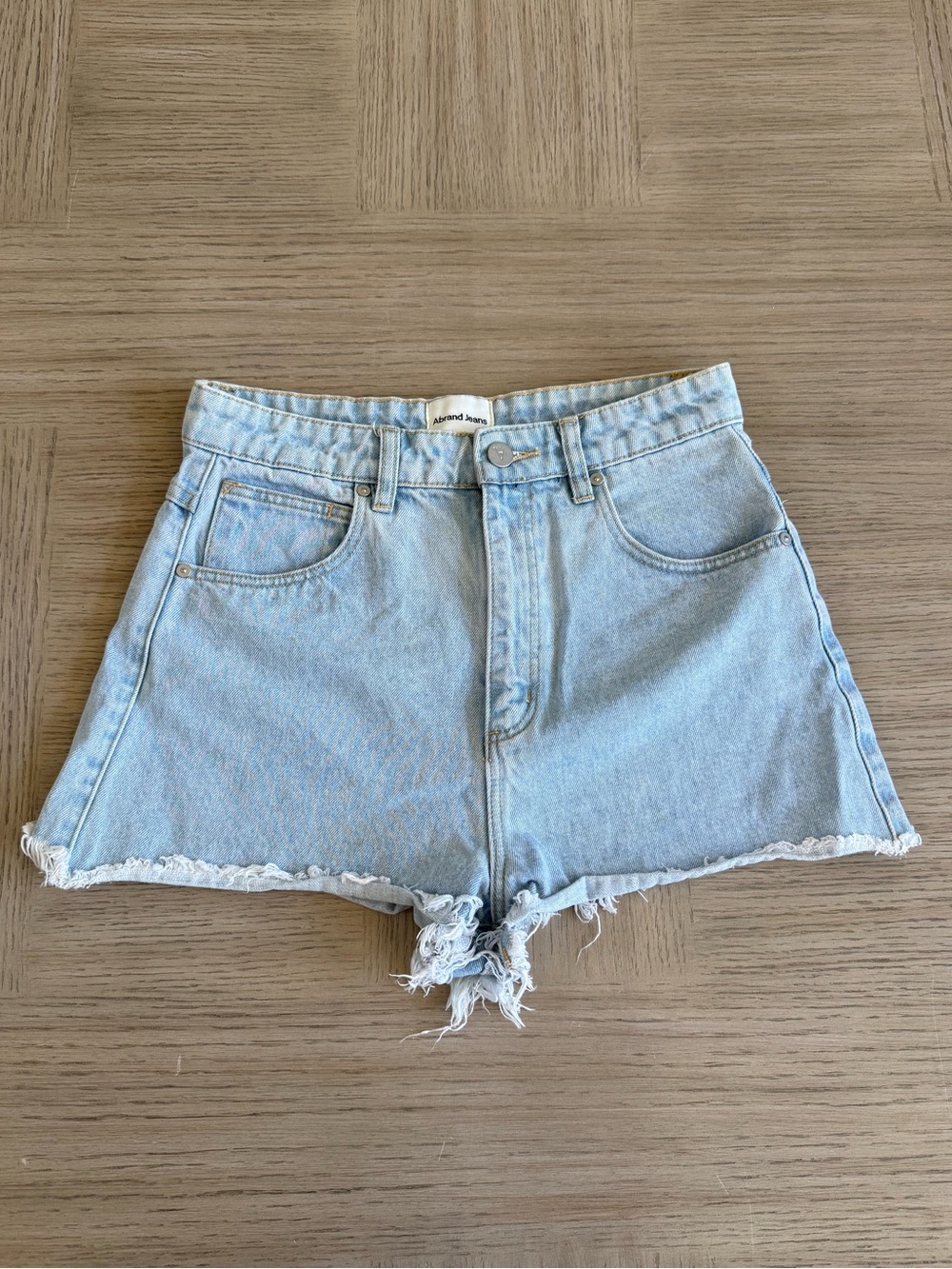 Abrand High Relaxed Denim Shorts Esmeralda Light Blue Wash Frayed Cutoff Size 28